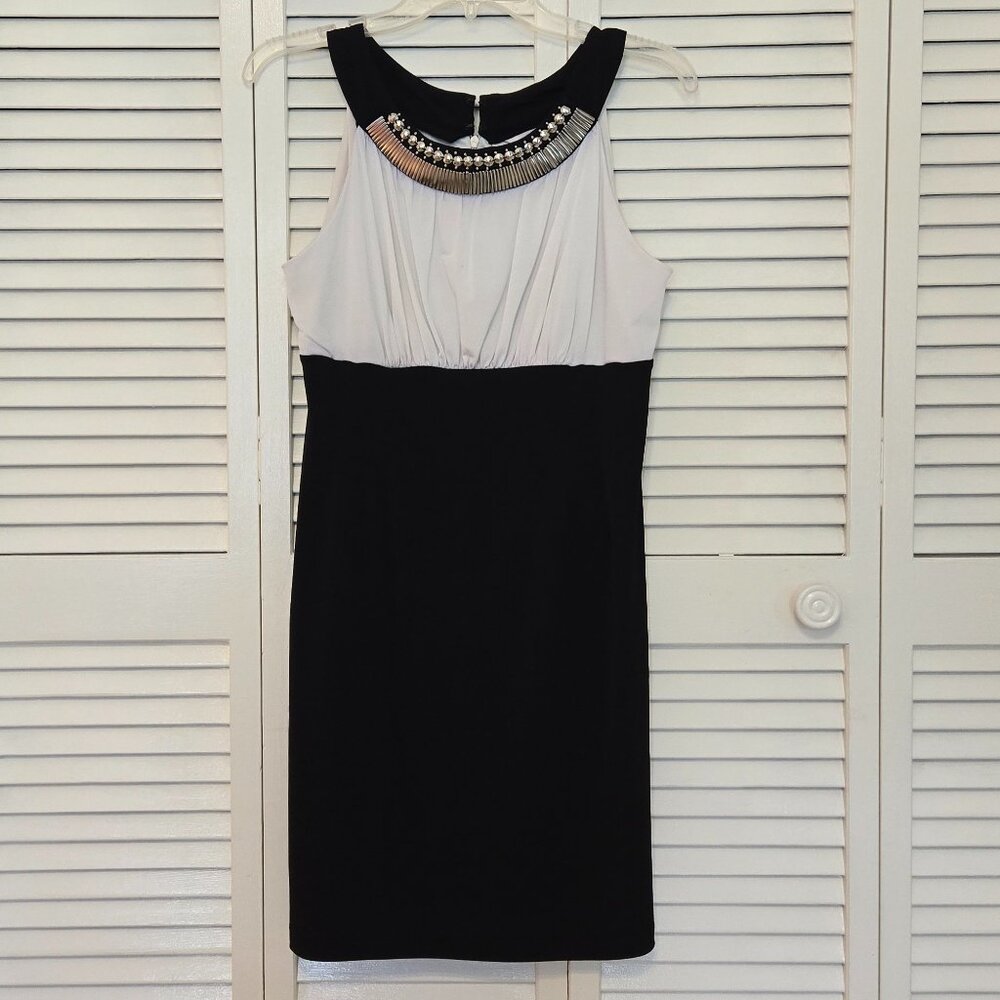 Black and White Grecian Style Cocktail Dress with Silver Beaded Neckline - 6P